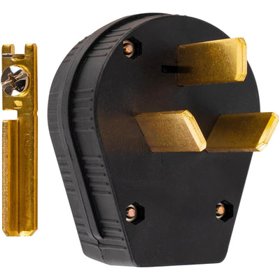 Interchangeable straight blade angle plug with brass contact and black housing.