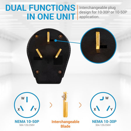 Interchangeable straight blade plug showing NEMA 10-30P and 10-50P configuration diagrams and blade adjustment.