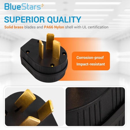 Interchangeable NEMA 10-30P and 10-50P straight blade angle plug with solid brass blades and durable nylon shell.