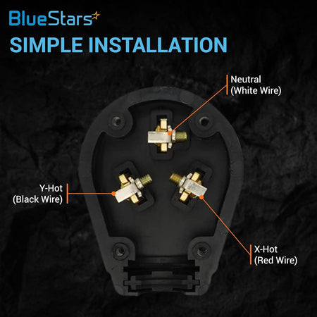 Wiring diagram for NEMA 10-30P and 10-50P interchangeable angle plug showing neutral, Y-hot, and X-hot terminal locations.