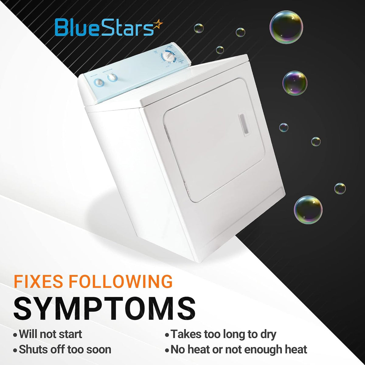Samsung and Kenmore dryer showing common repair symptoms like not starting or no heat.