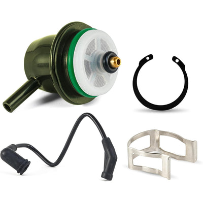 Fuel injection pressure regulator with vacuum line, retaining clip, and metal bracket components.