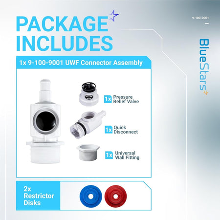 9-100-9001 pool cleaner UWF connector assembly package contents including pressure relief valve, quick disconnect, and disks.