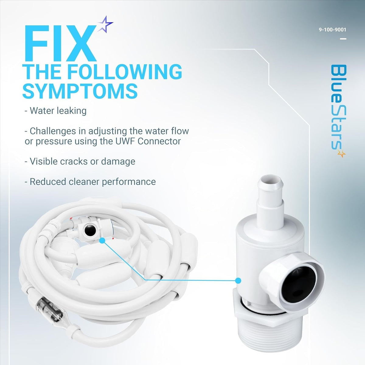 Infographic showing 9-100-9001 pool cleaner UWF connector symptoms and replacement part close-up.