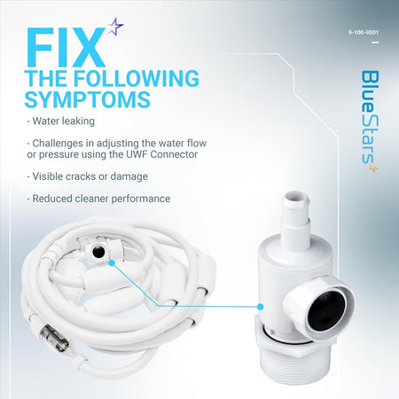 Infographic showing 9-100-9001 pool cleaner UWF connector symptoms and replacement part close-up.