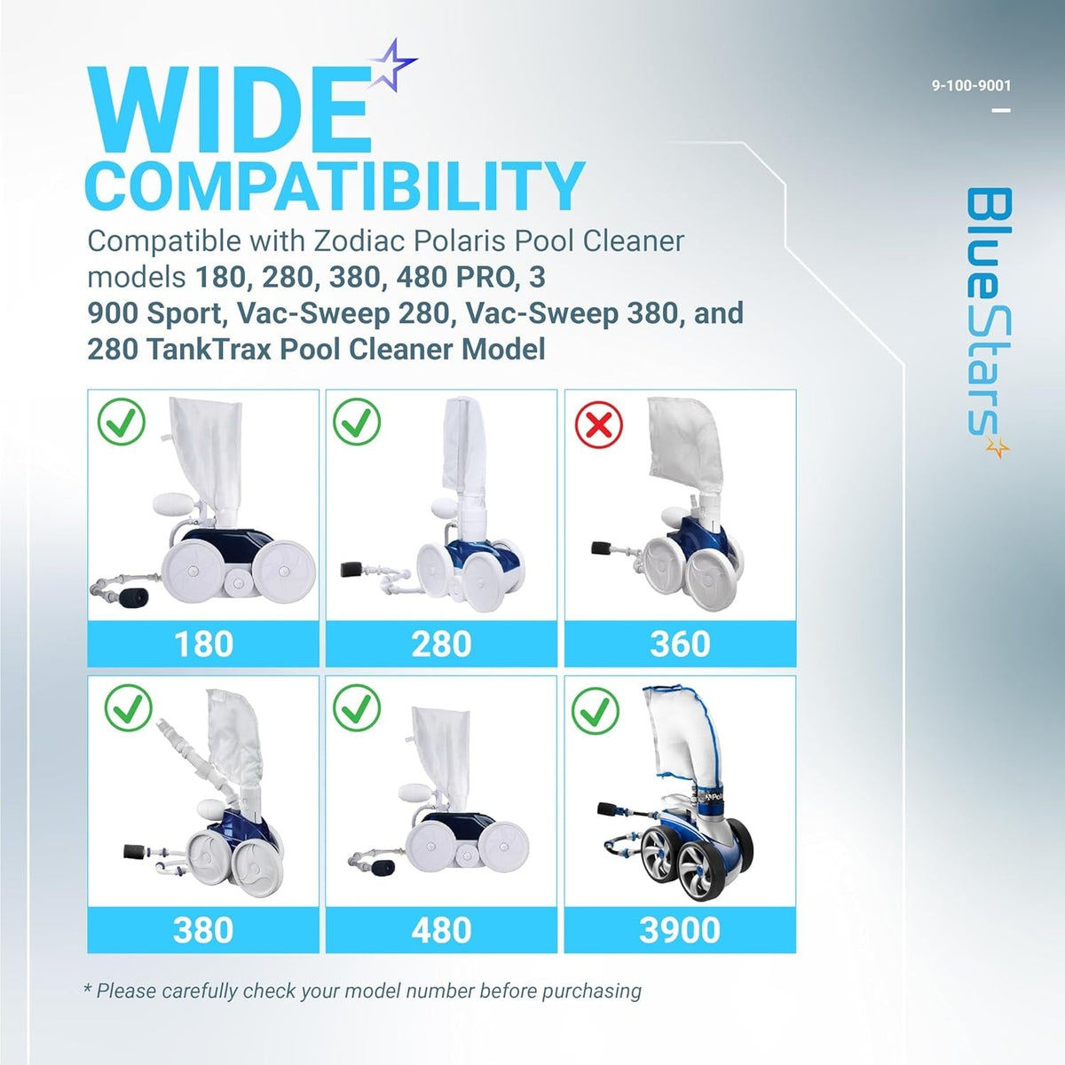 Compatibility chart for 9-100-9001 pool cleaner UWF connector showing compatible and incompatible cleaner models.