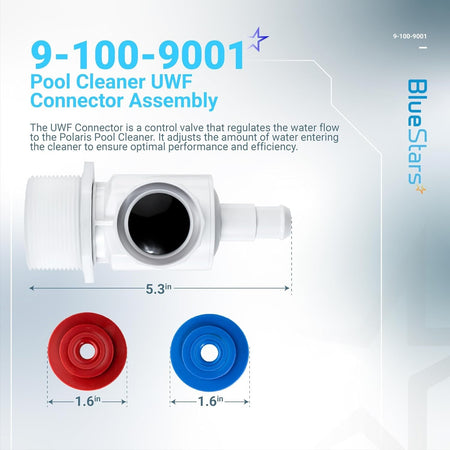 9-100-9001 pool cleaner UWF connector assembly with red and blue flow restrictor discs and dimension labels.