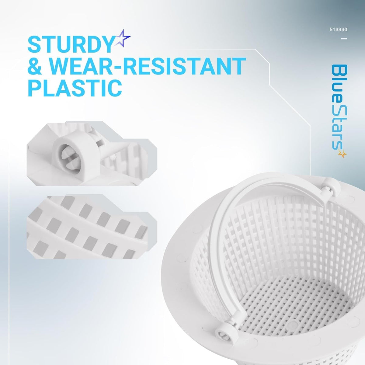 513330 above ground pool skimmer basket with close-up views of the durable plastic handle and mesh construction.