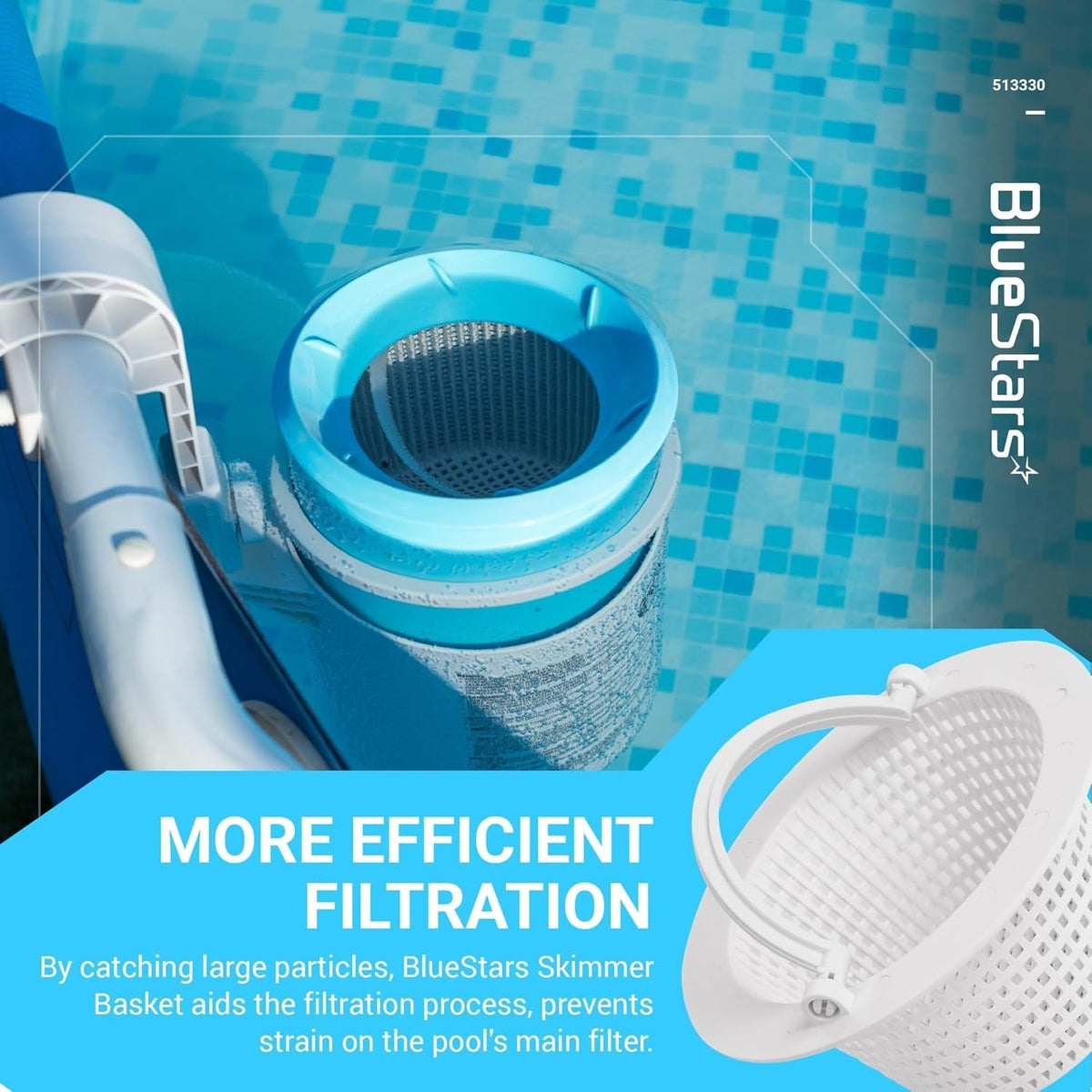 513330 replacement above ground pool skimmer basket with handle installed in pool skimmer housing.