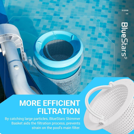 513330 replacement above ground pool skimmer basket with handle installed in pool skimmer housing.