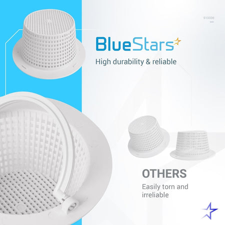 BlueStars 513330 above ground pool skimmer basket comparison graphic showing durable white replacement baskets.