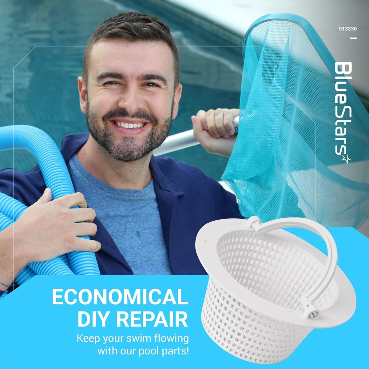 White 513330 above ground pool skimmer basket with handle shown in a promotional lifestyle graphic.