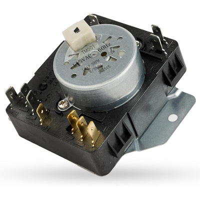 W10185981 dryer timer replacement part with metal motor housing and electrical terminal pins.