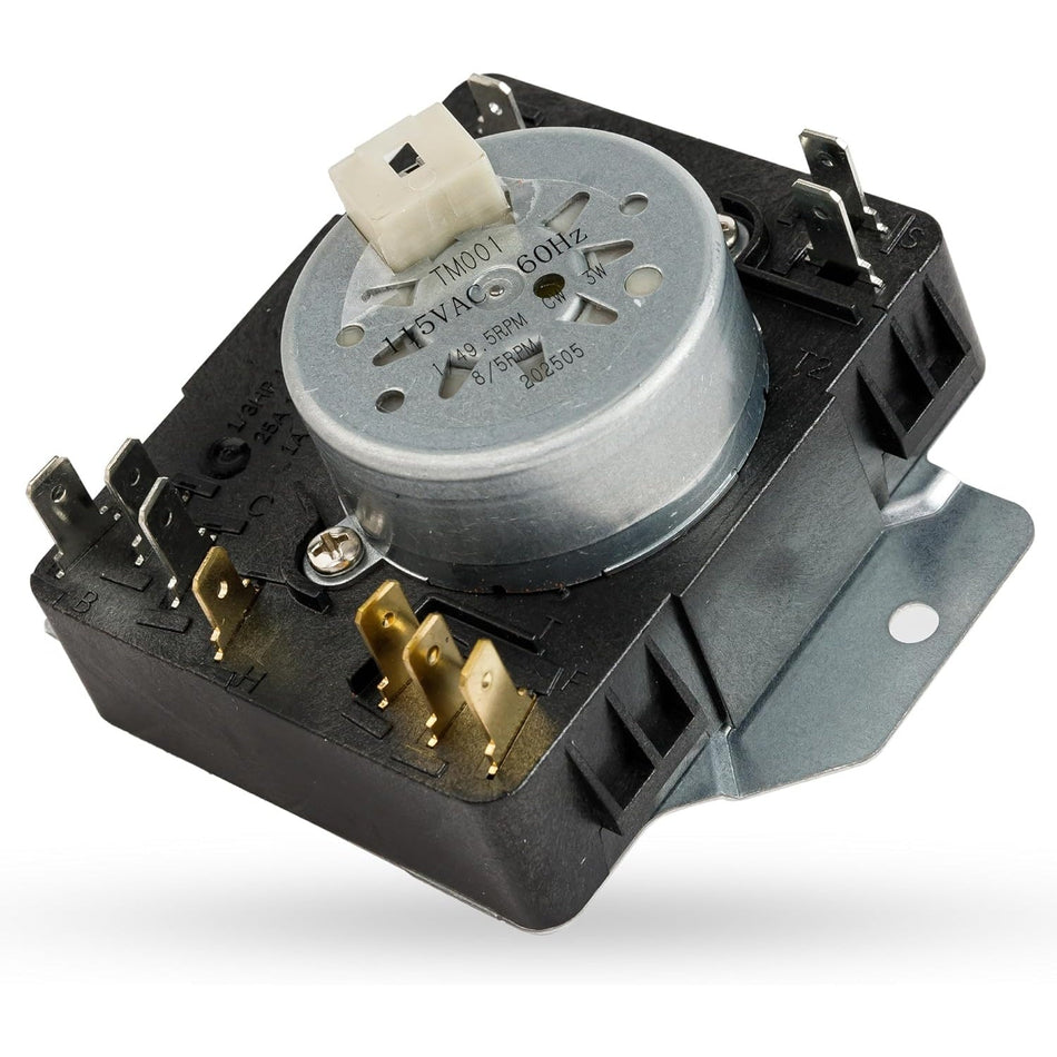 W10185981 dryer timer replacement part with metal motor housing and electrical terminal pins.