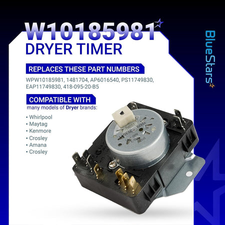 W10185981 replacement dryer timer with metal motor housing and electrical terminals on a compatibility information card.