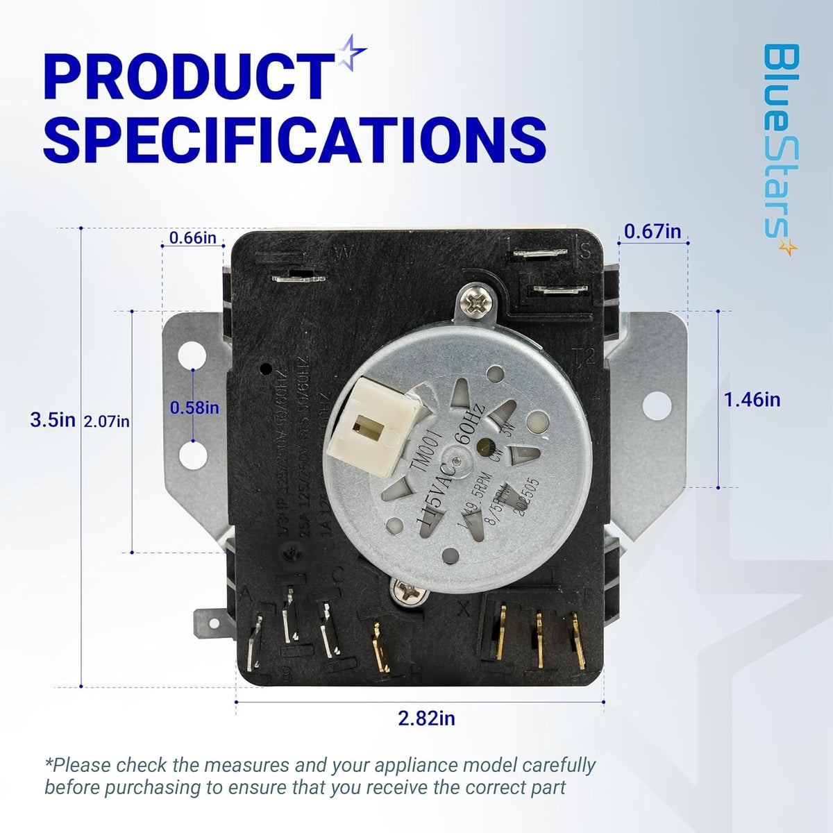 W10185981 dryer timer specification diagram showing dimensions and terminal layout for Whirlpool and Kenmore dryers.