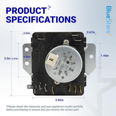 W10185981 dryer timer specification diagram showing dimensions and terminal layout for Whirlpool and Kenmore dryers.