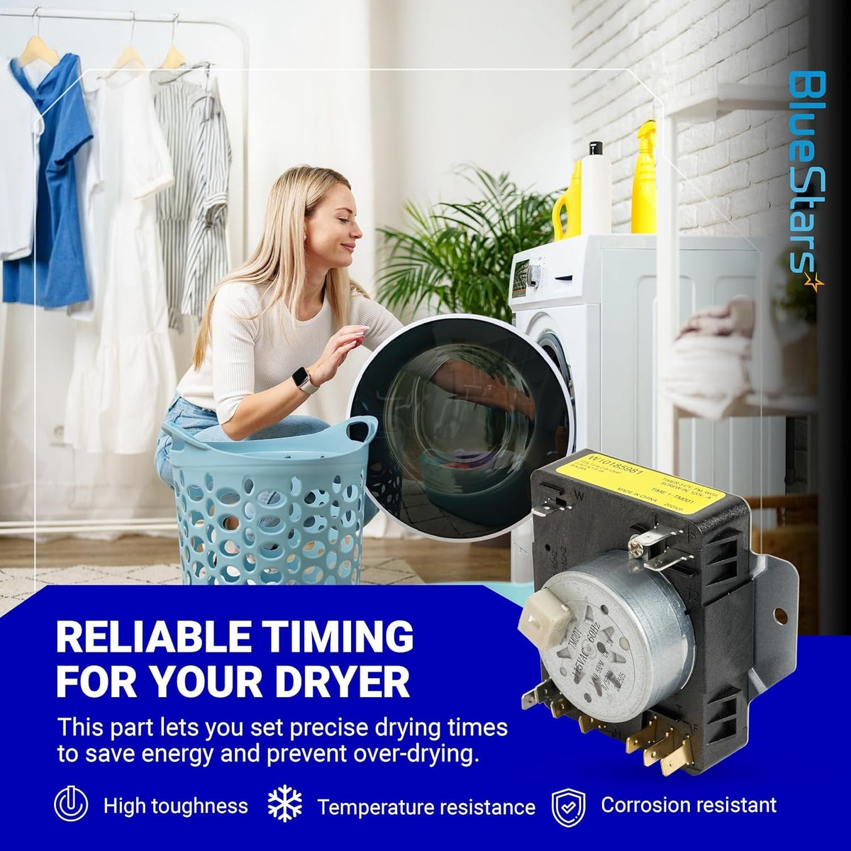 W10185981 dryer timer replacement part shown with lifestyle background and product features.