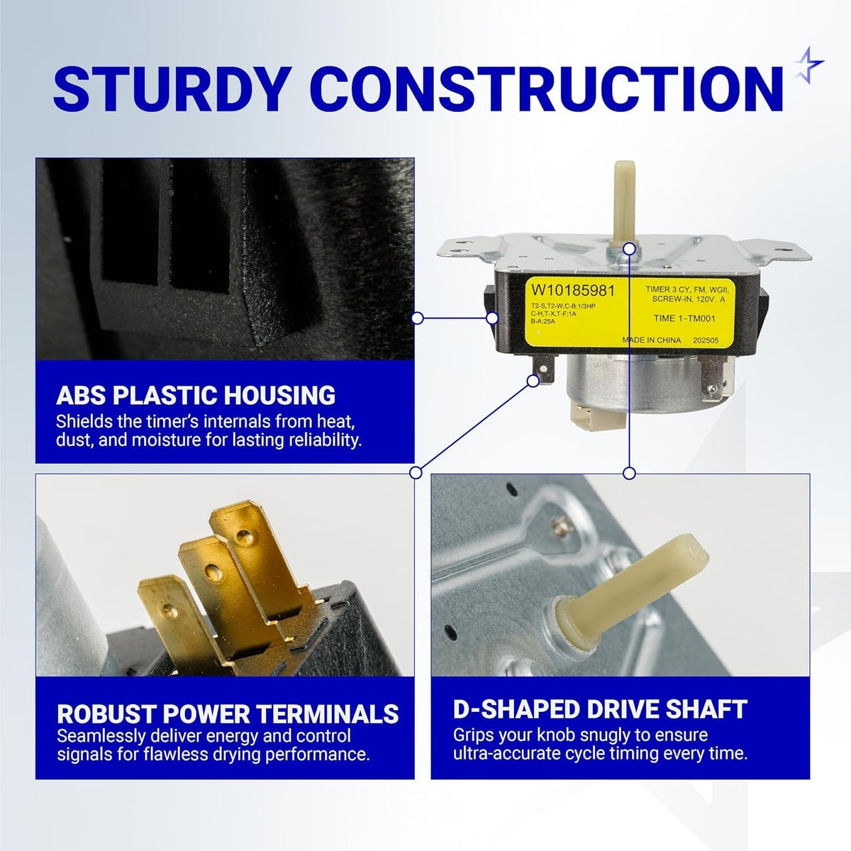 W10185981 dryer timer features, highlighting ABS plastic housing, power terminals, and D-shaped drive shaft construction.