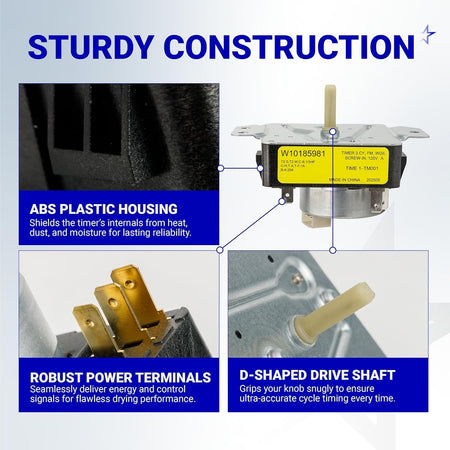 W10185981 dryer timer features, highlighting ABS plastic housing, power terminals, and D-shaped drive shaft construction.
