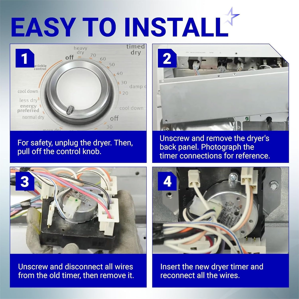 Four-step installation guide for W10185981 dryer timer showing knob removal and wiring connection process.