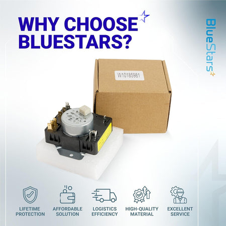 W10185981 dryer timer replacement part with cardboard packaging box and foam protective base.