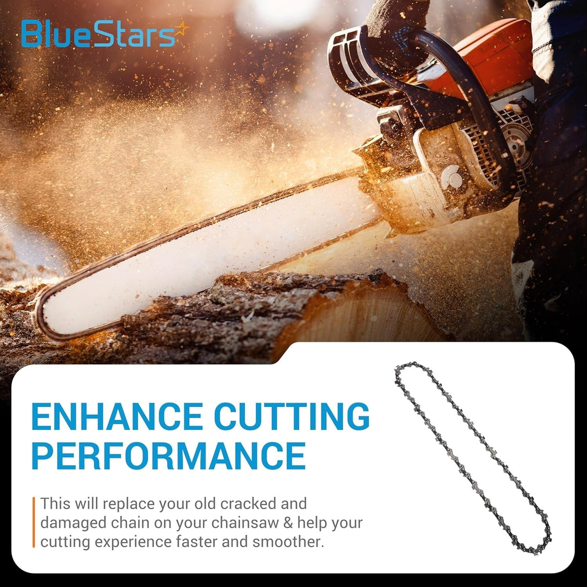 14-inch chainsaw replacement chain with 3/8-inch pitch and 0.050-inch gauge for improved cutting performance.