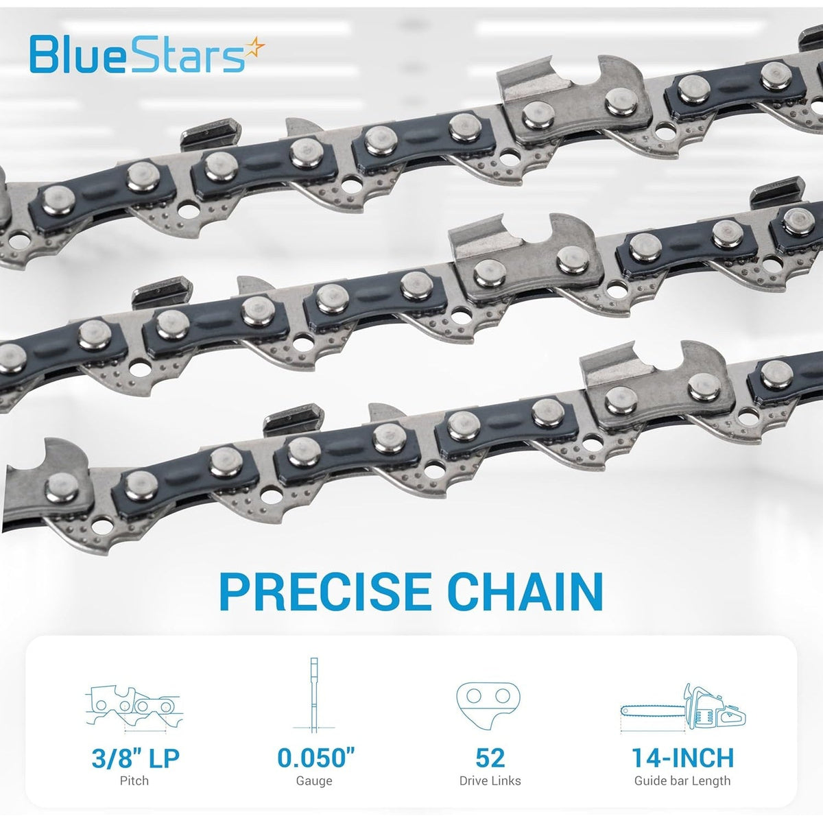 Three 14-inch chainsaw chains with 3/8-inch LP pitch, 0.050-inch gauge, and 52 drive links.
