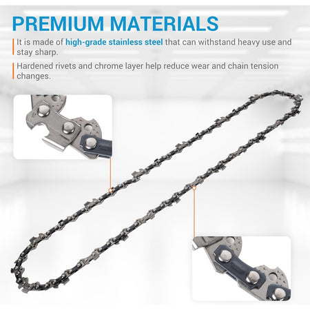 14-inch chainsaw chain showing high-grade stainless steel construction and hardened rivets with close-up detail views.