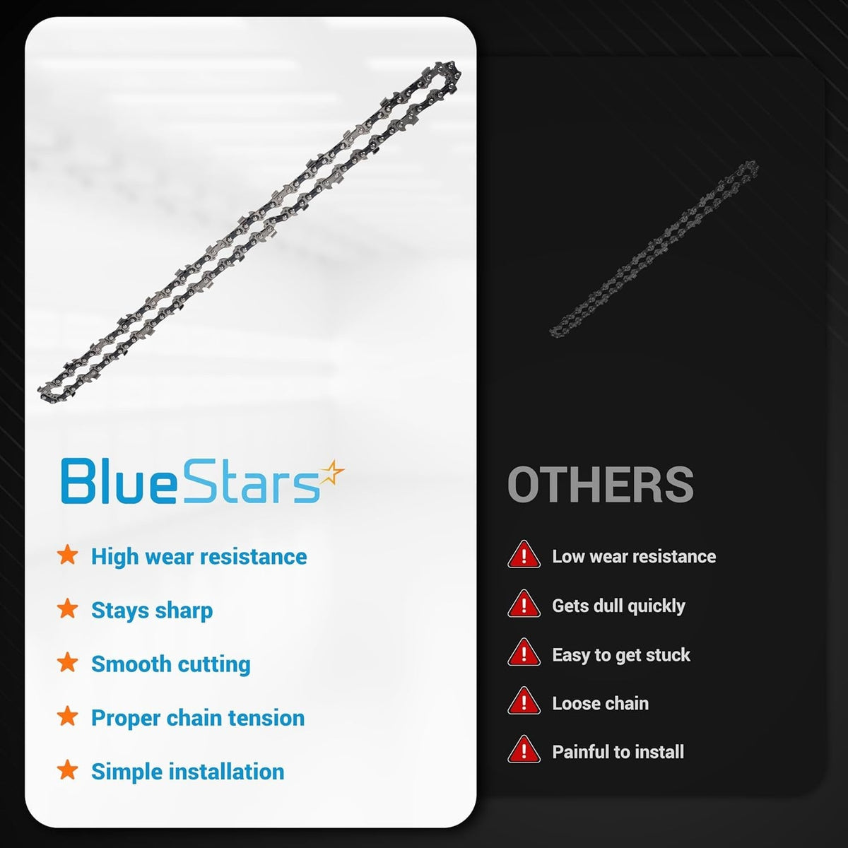 Comparison chart showing 14-inch chainsaw chain features versus standard chains for improved wear resistance.
