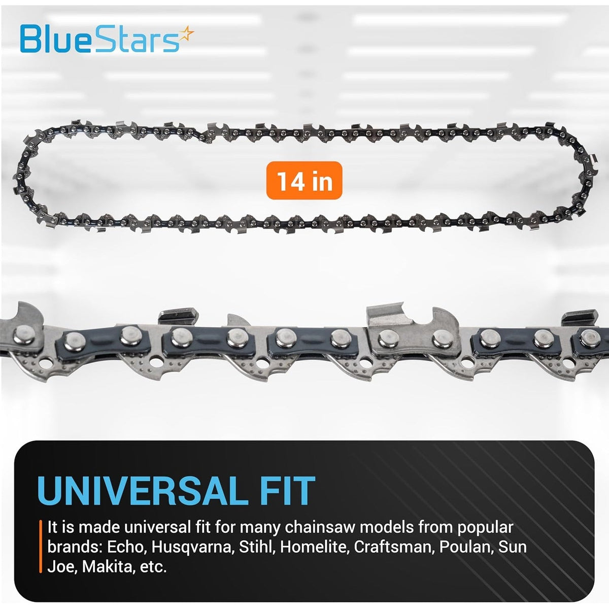14-inch chainsaw chain with 3/8-inch LP pitch and 0.050-inch gauge, showing full loop and close-up detail.