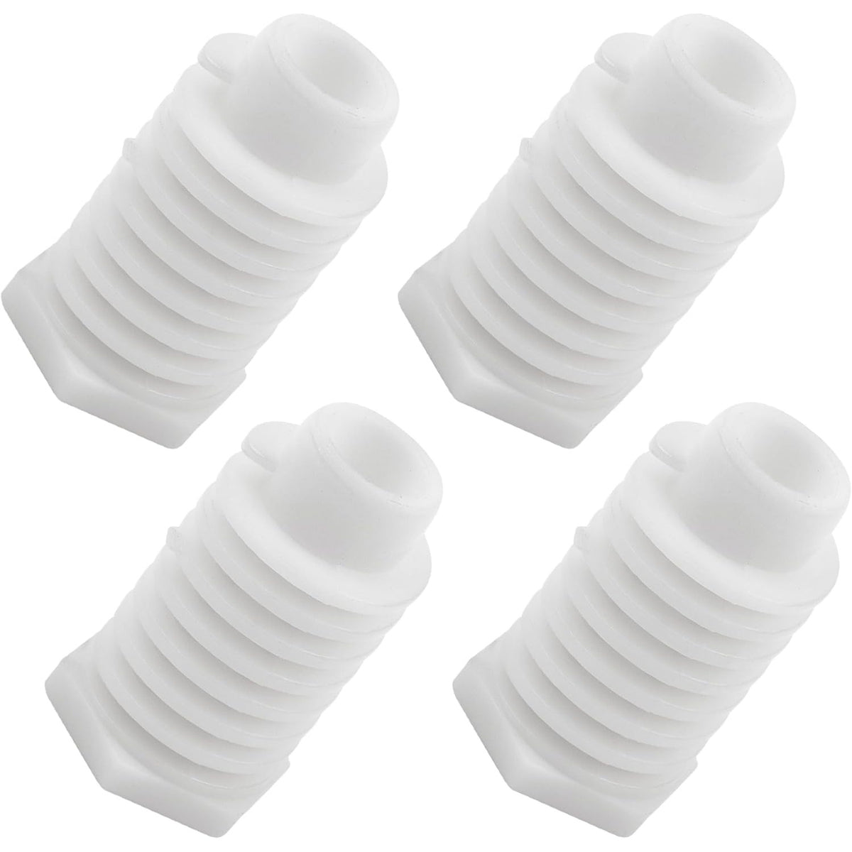 Set of four white plastic dryer leveling leg feet for Whirlpool appliances.