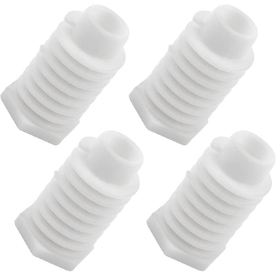 Set of four white plastic dryer leveling leg feet for Whirlpool appliances.