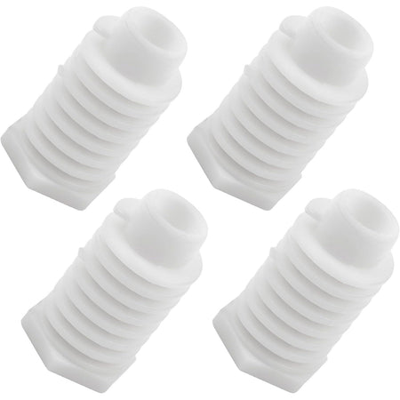 Set of four white plastic dryer leveling leg feet for Whirlpool appliances.