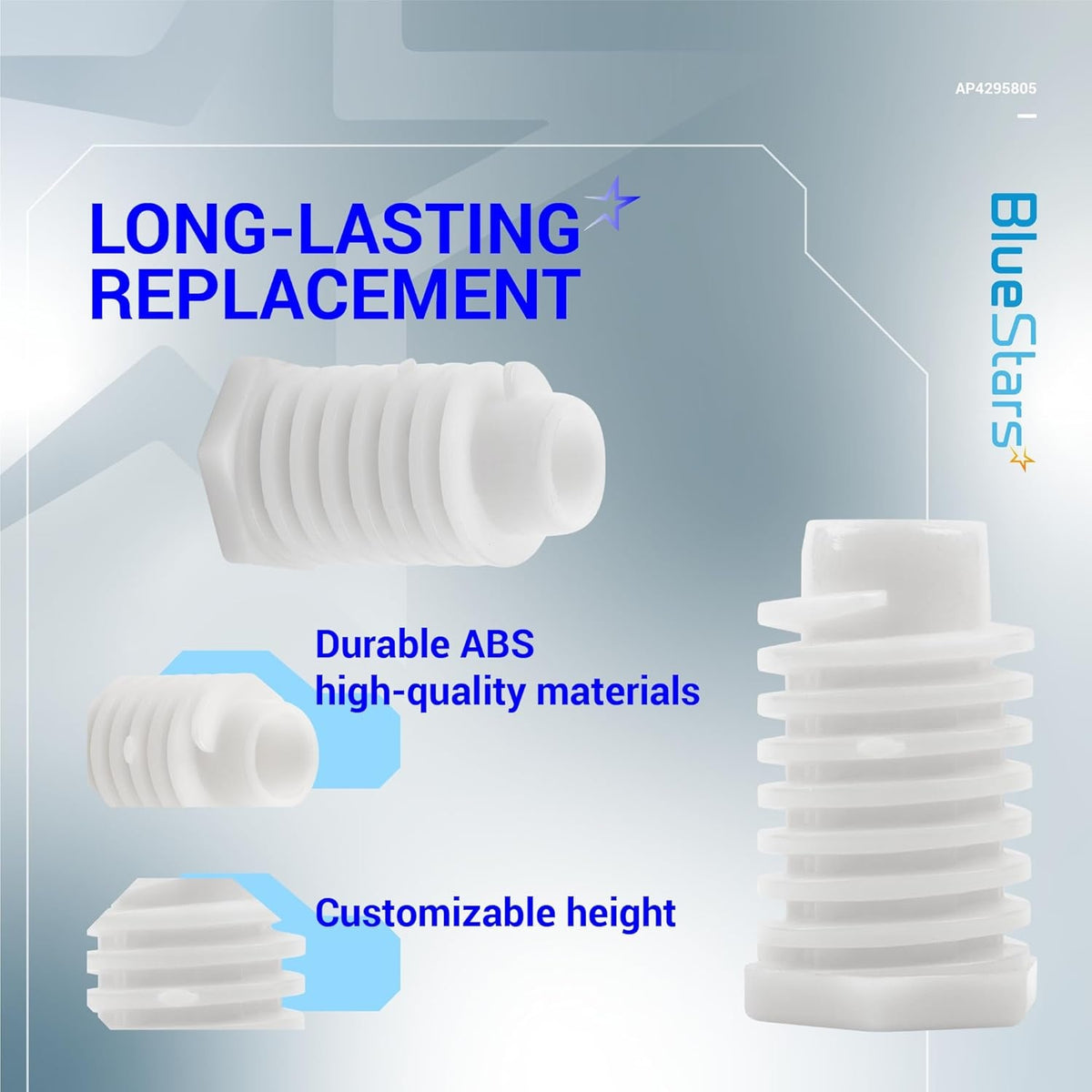 Infographic showing white dryer leveling leg feet replacement parts with durable ABS material and adjustable height.