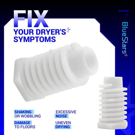 Close-up of two white dryer leveling leg feet replacement parts for Whirlpool dryers.