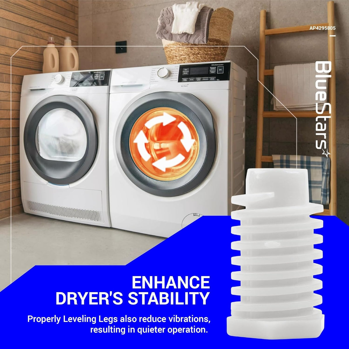 Single white dryer leveling leg replacement part for Whirlpool dryers.