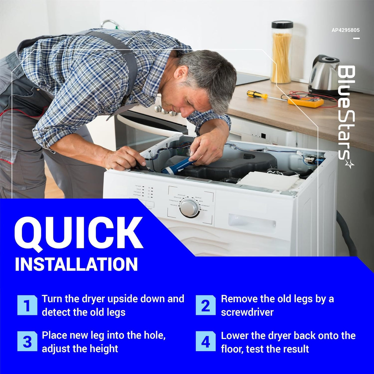 Infographic showing quick installation steps for replacing dryer leveling leg feet on a Whirlpool dryer.