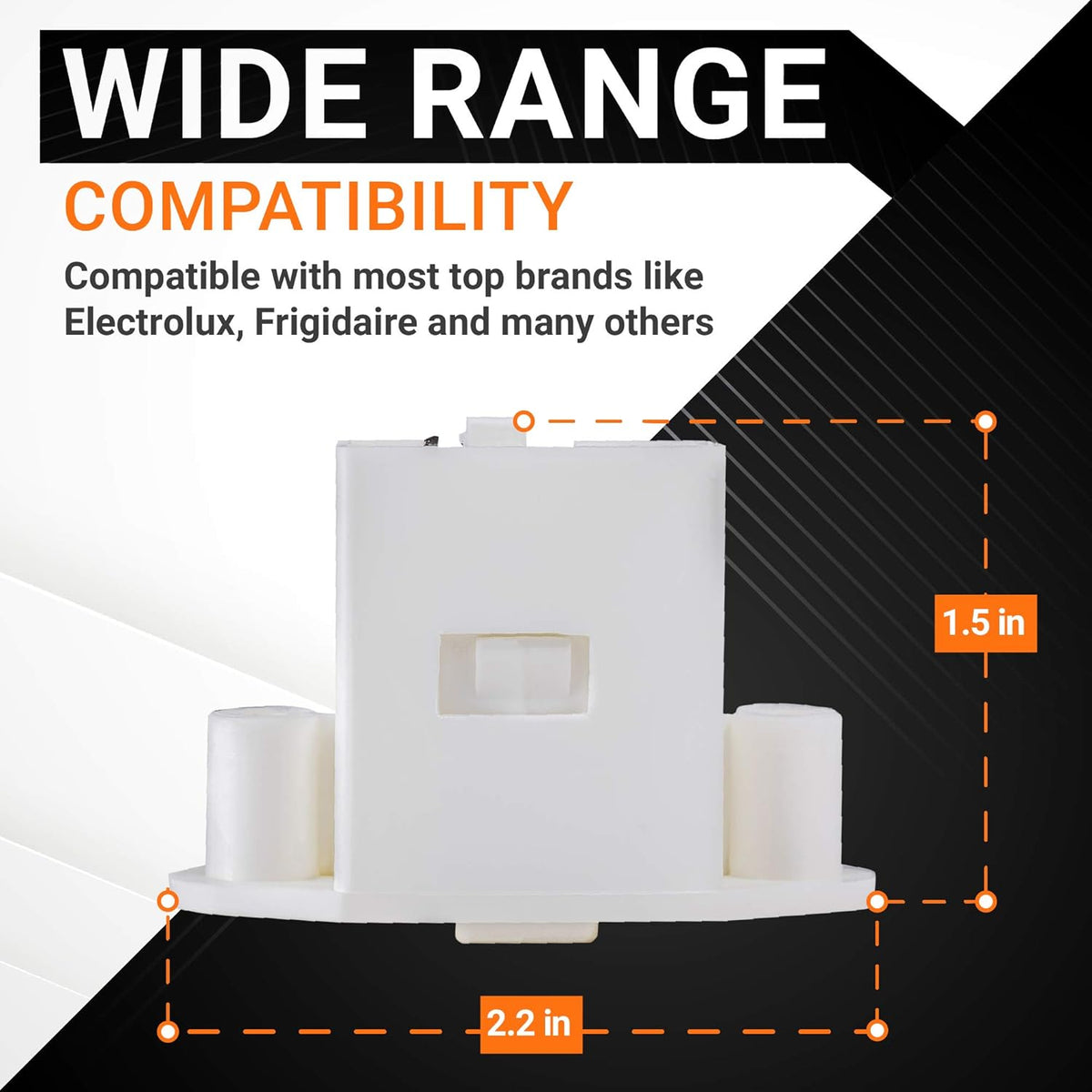 White pedestal drawer door latch for Electrolux and Frigidaire washers with 2.2 inch by 1.5 inch dimension diagram.