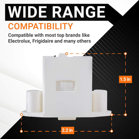 White pedestal drawer door latch for Electrolux and Frigidaire washers with 2.2 inch by 1.5 inch dimension diagram.