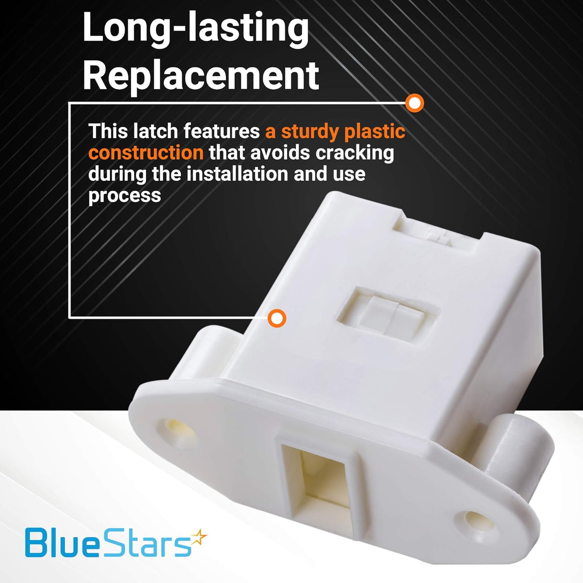 White plastic pedestal drawer door latch for Electrolux and Frigidaire washers with durable construction.