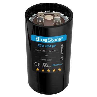 Round 270-324 uF 220-250 VAC start capacitor for electric motors with top terminal view.