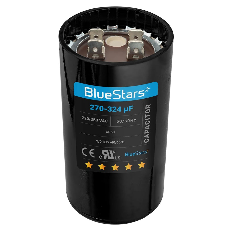 Round 270-324 uF 220-250 VAC start capacitor for electric motors with top terminal view.