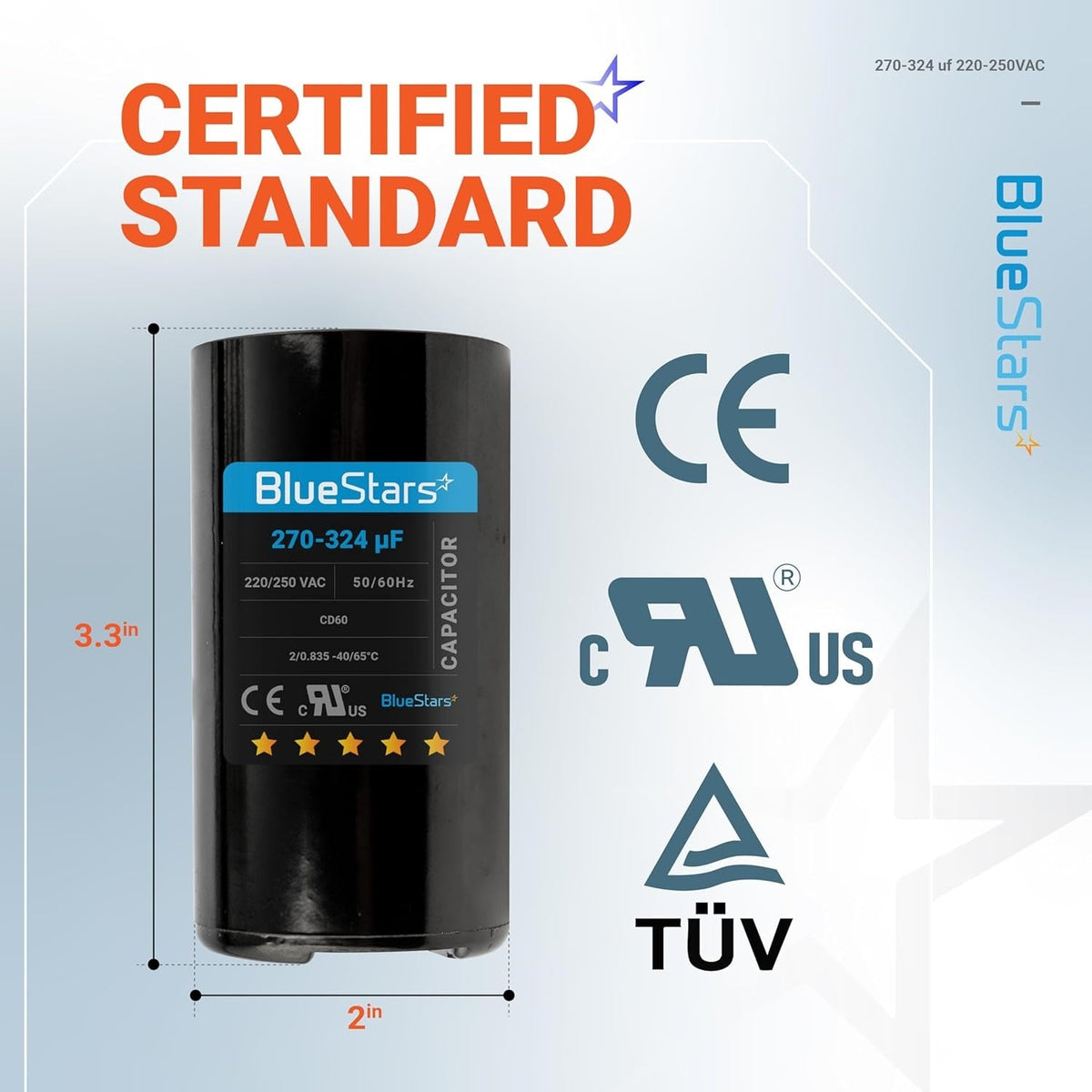 BlueStars 270-324 uF 220-250 VAC round start capacitor with 3.3-inch height and 2-inch diameter dimensions.