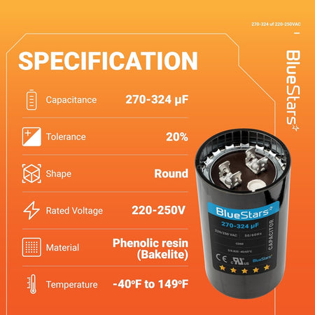 Specification chart for 270-324 uF 220-250 VAC round start capacitor for electric motors.