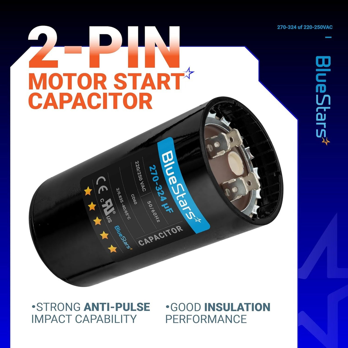 2-pin round motor start capacitor, 270-324 uF, 220-250 VAC, for single phase electric motors.