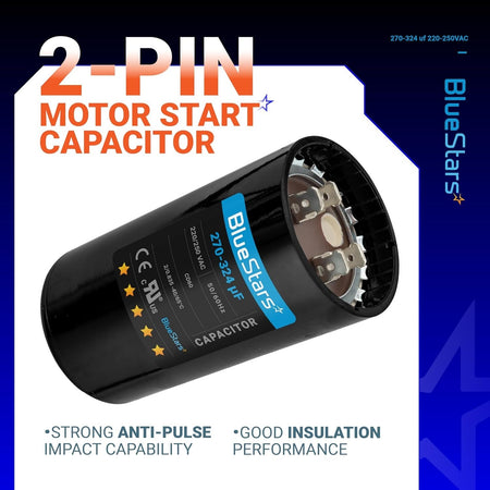 2-pin round motor start capacitor, 270-324 uF, 220-250 VAC, for single phase electric motors.