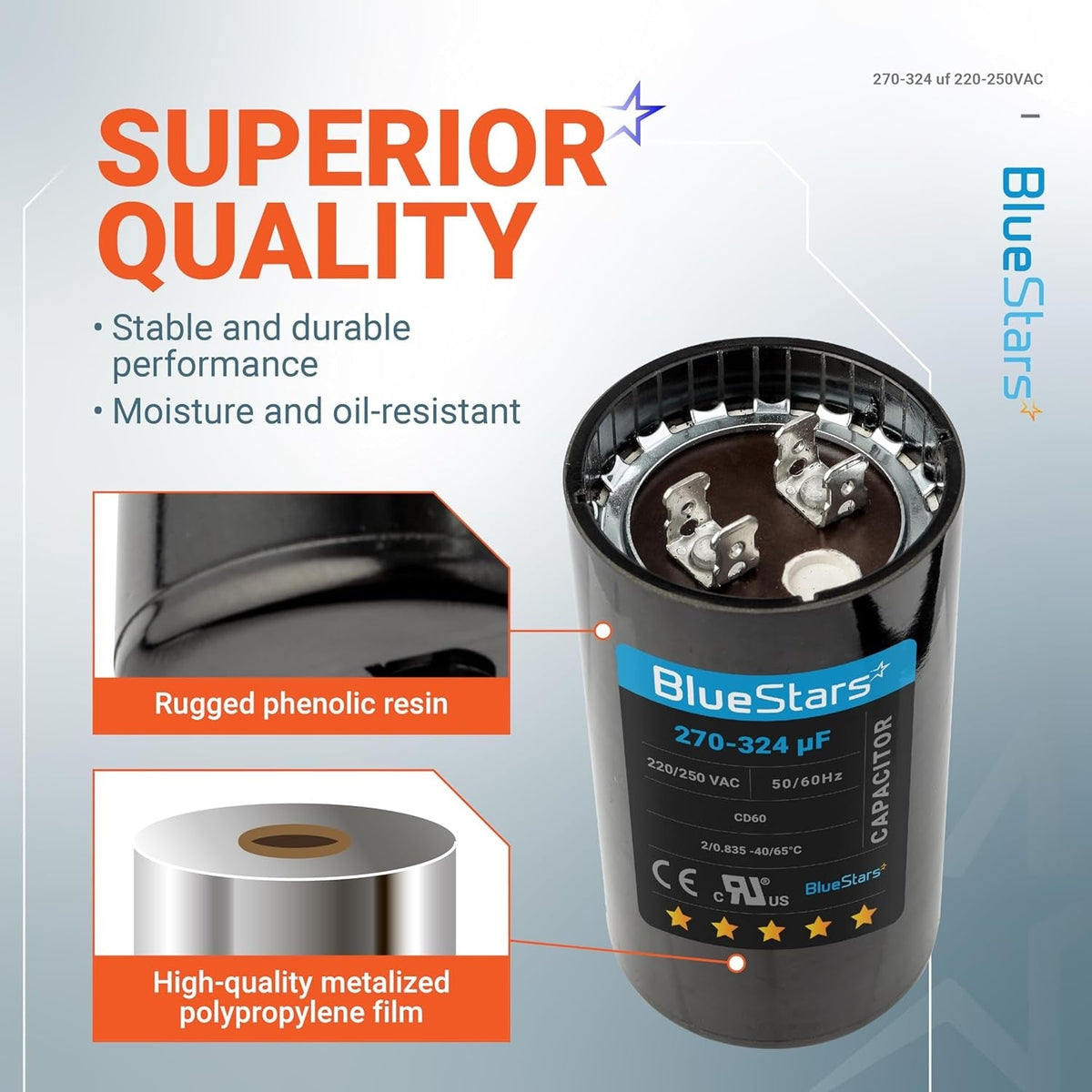 Infographic showing 270-324 uF 220-250 VAC round start capacitor features and construction materials.