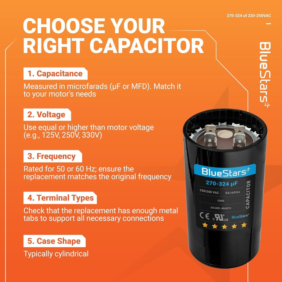 Infographic showing 270-324 uF 220-250 VAC round start capacitor specifications for electric motors.