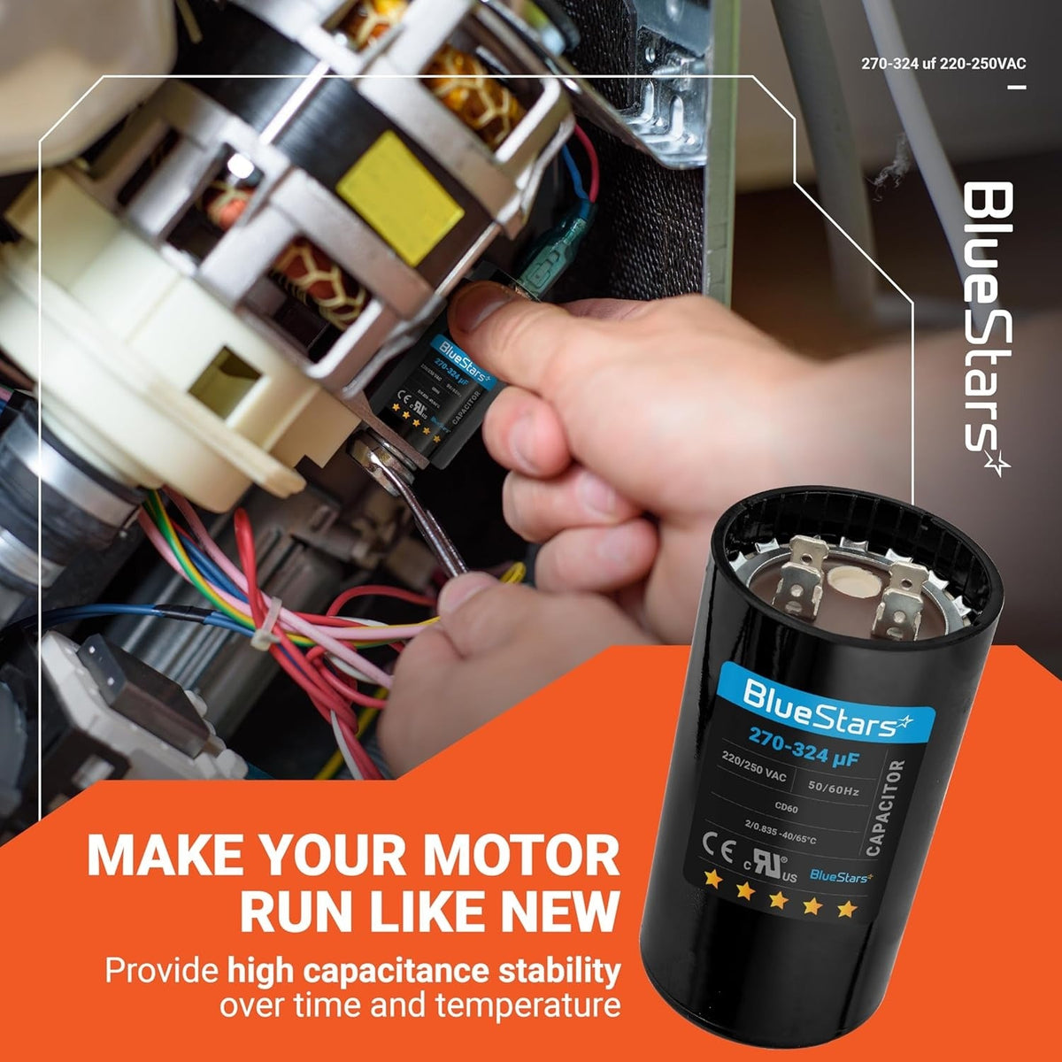 BlueStars 270-324 uF 220-250 VAC round start capacitor being installed into an electric motor.